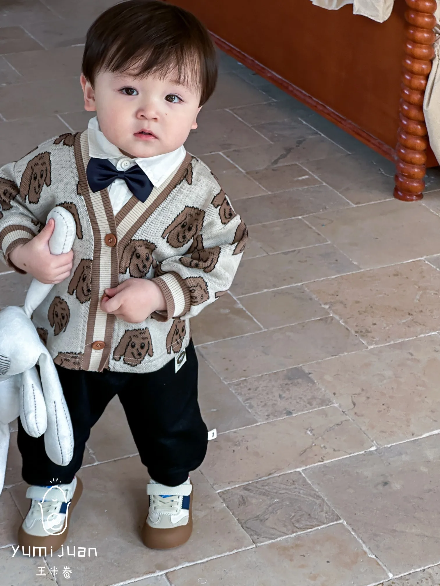 Autumn Baby Boy Three-Piece Casual Comfort Suit with Buttons Warm Puppy Sweater Wholesale 3pcs Clothing Set