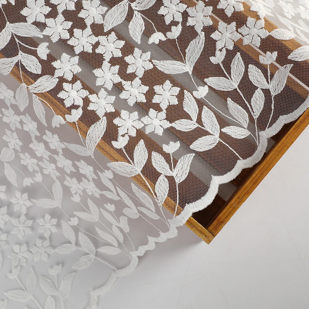 TikTok Hot-Selling Sweet Country Style White Floral Embroidered with Cotton Thread on Mesh Lace Fabric