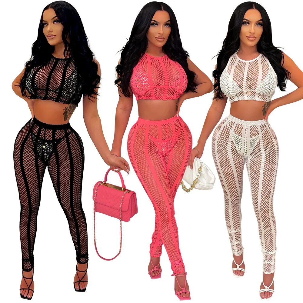 2022 women summer new net mesh bra hollow out two piece set club sexy see through crop top long pants 4 piece set