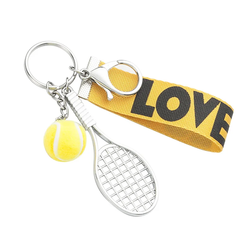 Fashion mini tennis racket key chain tennis ball pendent key ring ribbon lanyard letter