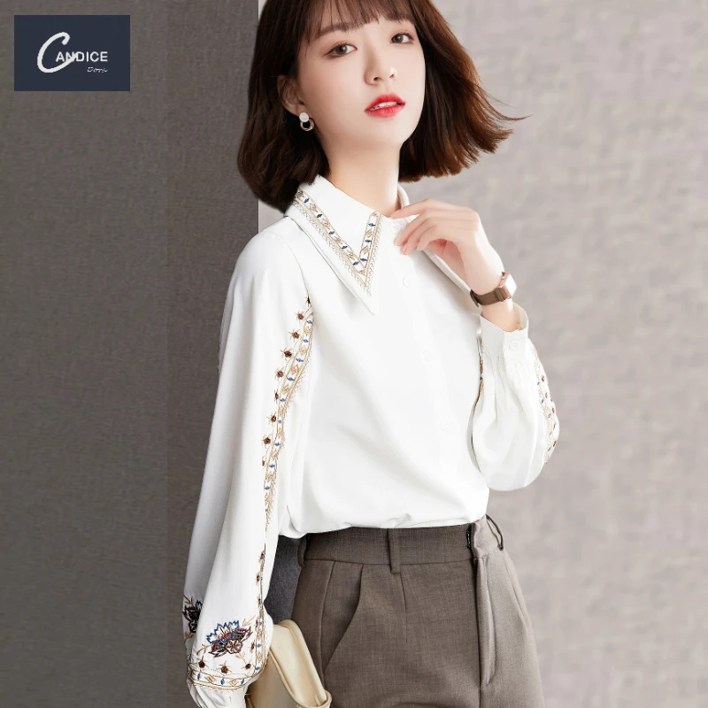 Candice Spring Hong Kong style design niche long-sleeved top blouse retro chiffon white shirts