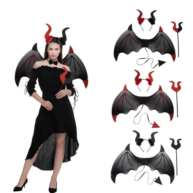 Devil Horn Headband Bat Wing Demons Costume Accessories Halloween Fancy Dress Up Cosplay