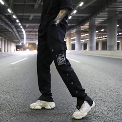 OEM vintage side button loose straight embroidery cargo pants couple hiphop casual trousers stretch waist side pocket work wear