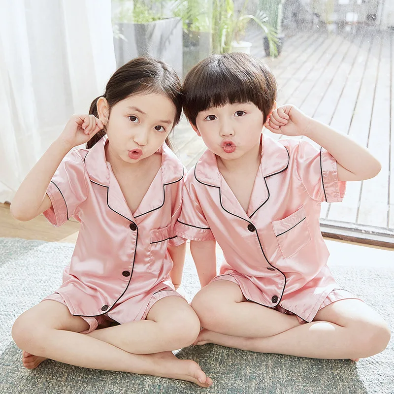 
Satin Solid Comfortable Breathable Pajamas Kids Pijamas Baby Sleepwear Home Clothes Two Piece Set For Boys And Girls 
