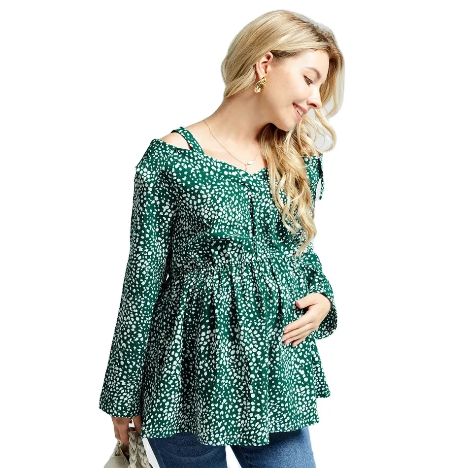 Maternity Green Floral Print Off-Shoulder Long-sleeve Shirt