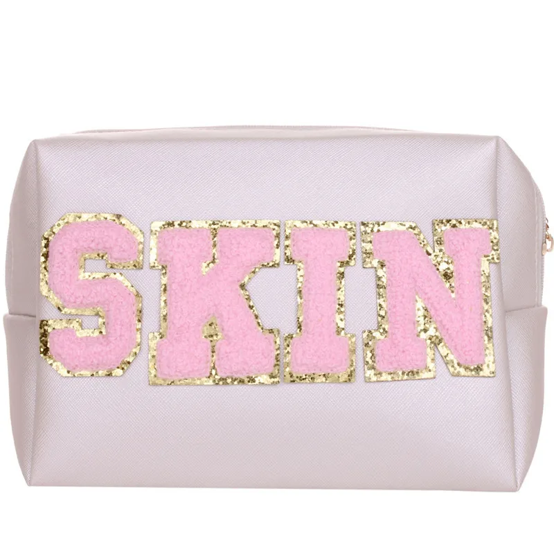 Preppy Patch SKIN Varsity Letter Cosmetic Toiletry Bag PU Leather Portable Makeup Bag Zipper Pouch Storage Purse Waterproof  bag