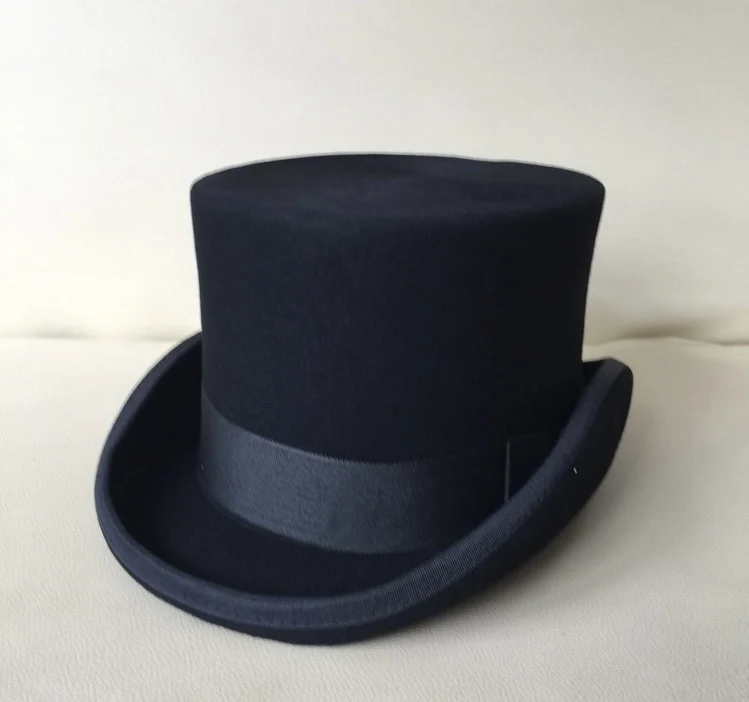 High Quality British Wool Felt Classic Black Top Hat 13.5cm High Crown Wool Felt Gentlemen Church Party Hat
