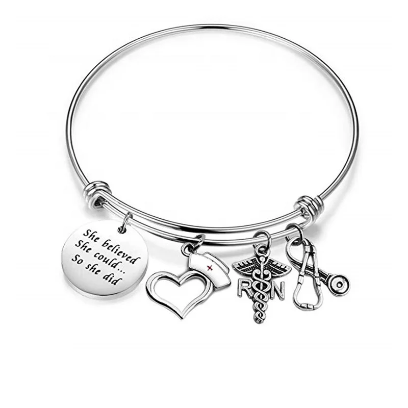 Medical Series Bracelet Stethoscope Nurse Hat Medical RN LPN Charm Bracelet Nurse Graduation Gift Key Holder
