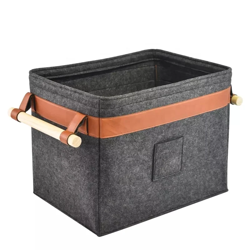 Nordic style sustainable eco friendly large rectangle collapsible felt storage basket with wooden handles