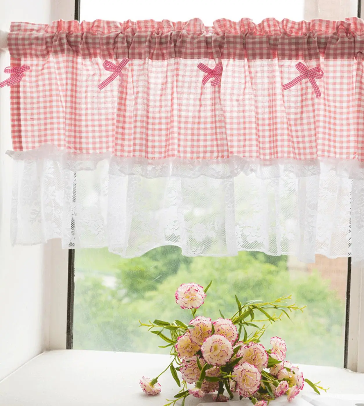Ready made kitchen curtains with lace small MOQ pink sheer curtain