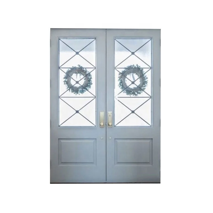 Exterior door Modern wooden double panel swing type security front door bright European style double glass door