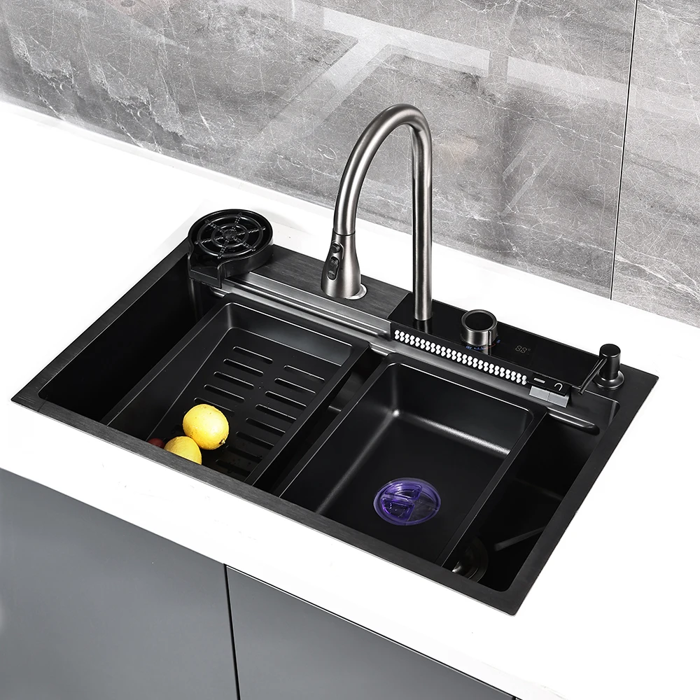 Pull-Out Kitchen Faucet Sink Waterfall S.S. Flying Rain Faucet and Kitchen Sink