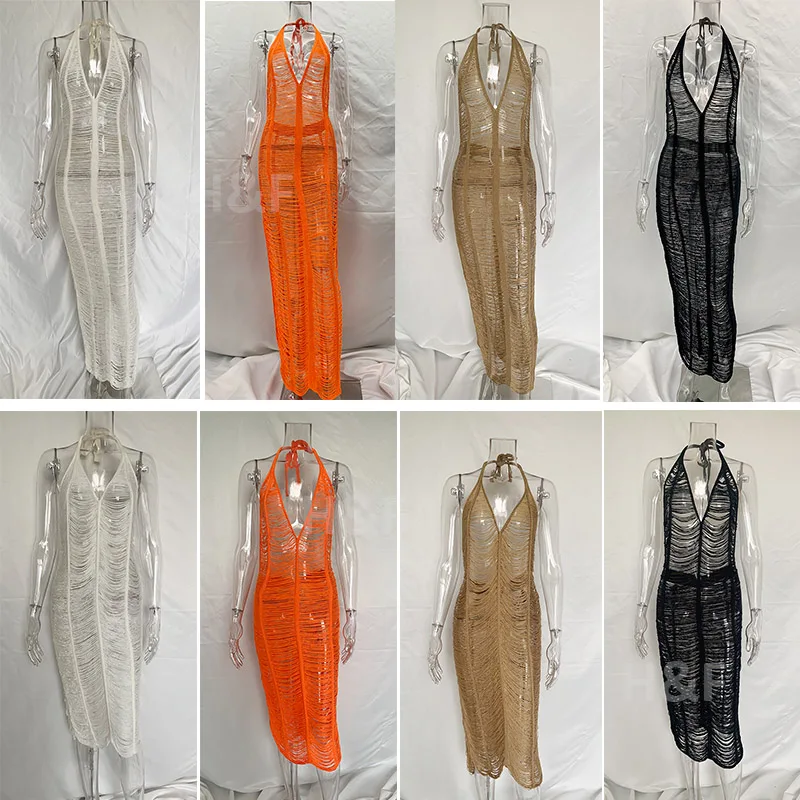 2024 Summer Beach Dress Long Sheer Plus Size White Halter Women Sexy Swimsuit Mesh Beach  Dresses Cover Up