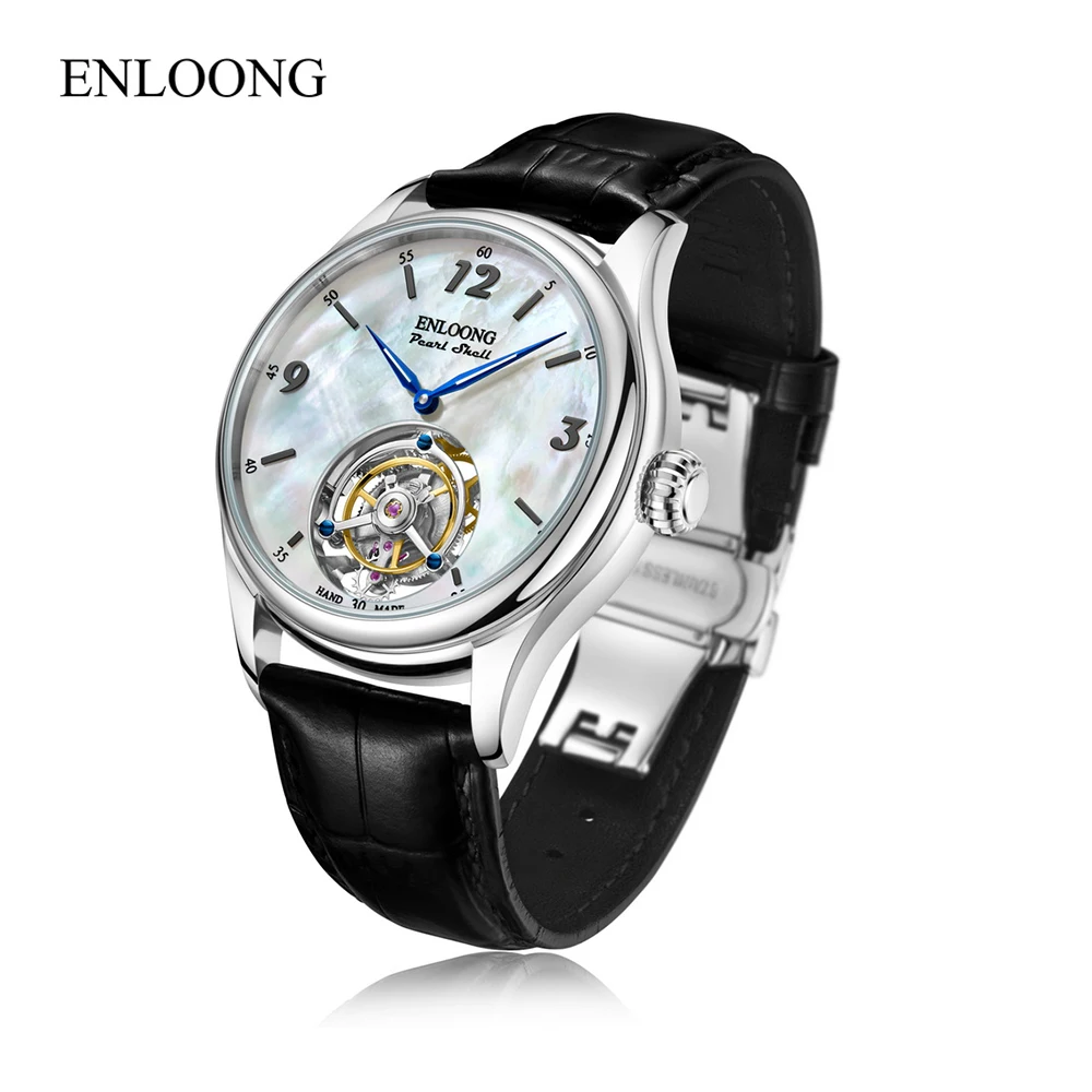 ENLOONG Custom Chrome Brand Luxury Flying Tourbillon Watch Private Label Pearl Shell Luminous Manual Winding Men Watch