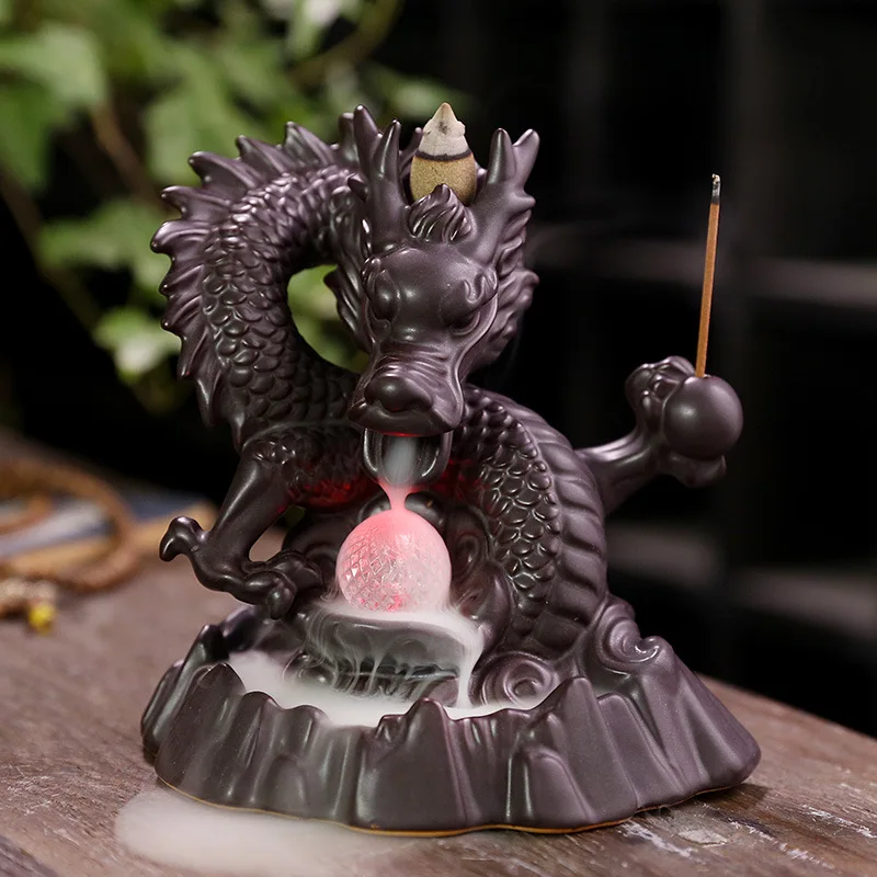 
7-Color LED Lights Changing Incense Burner Ceramic Dragon Backflow Incense Burner Creative Smoke Waterfall Incense Holder Censer 