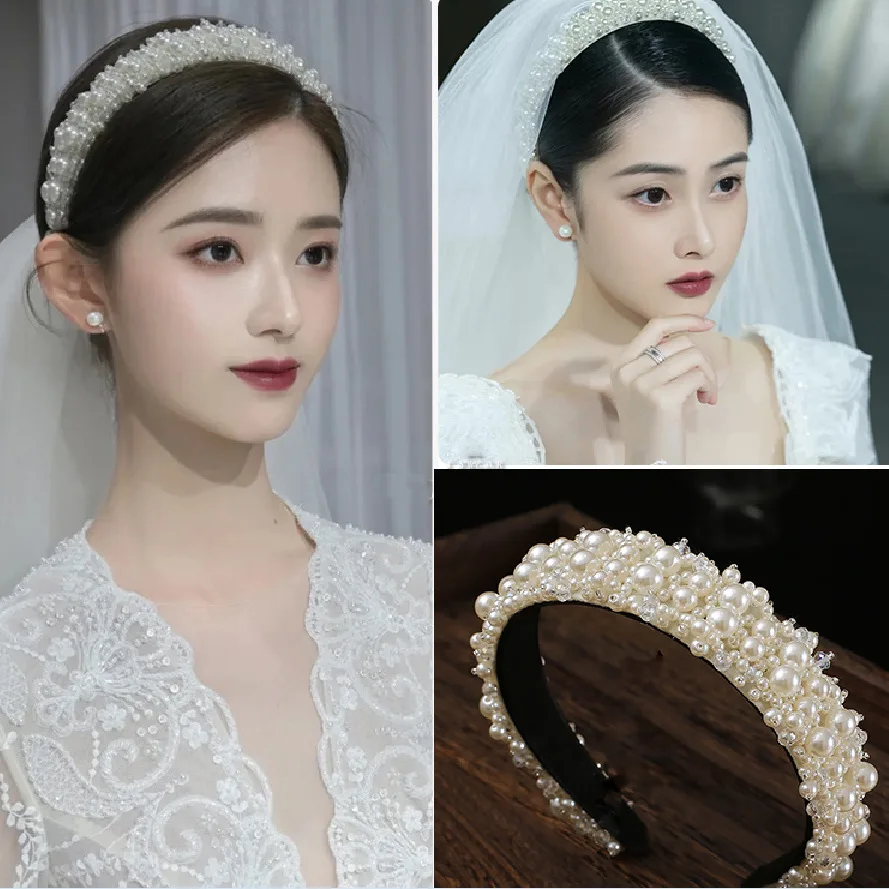 Handmade Luxury Baroque Wide Headband Pearls Headband Beaded Headband for Women Party Hair Accessories Gorgeous Crystal Headwear