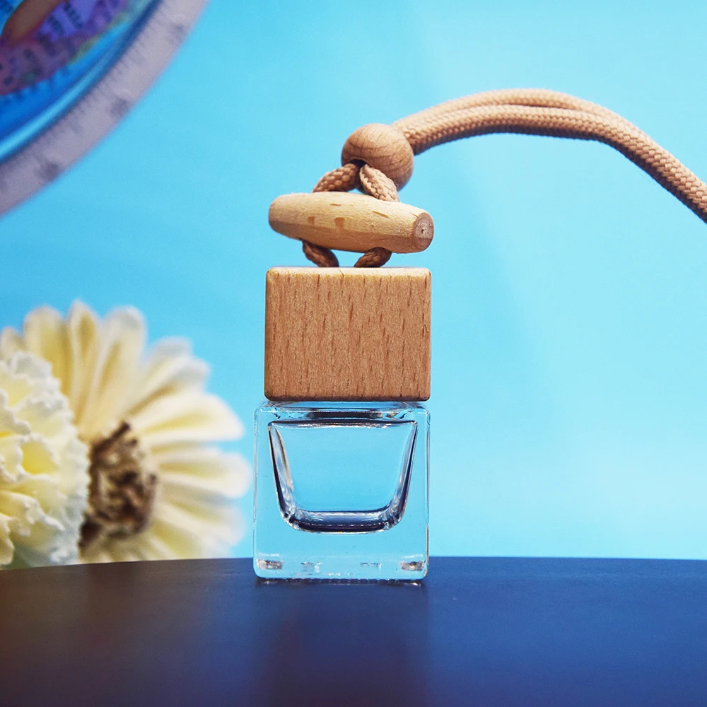 KG Wholesale Xuzhou 8ml Square Car Diffuser Bottle with wooden cover Clear or Custom Color with Low MOQ