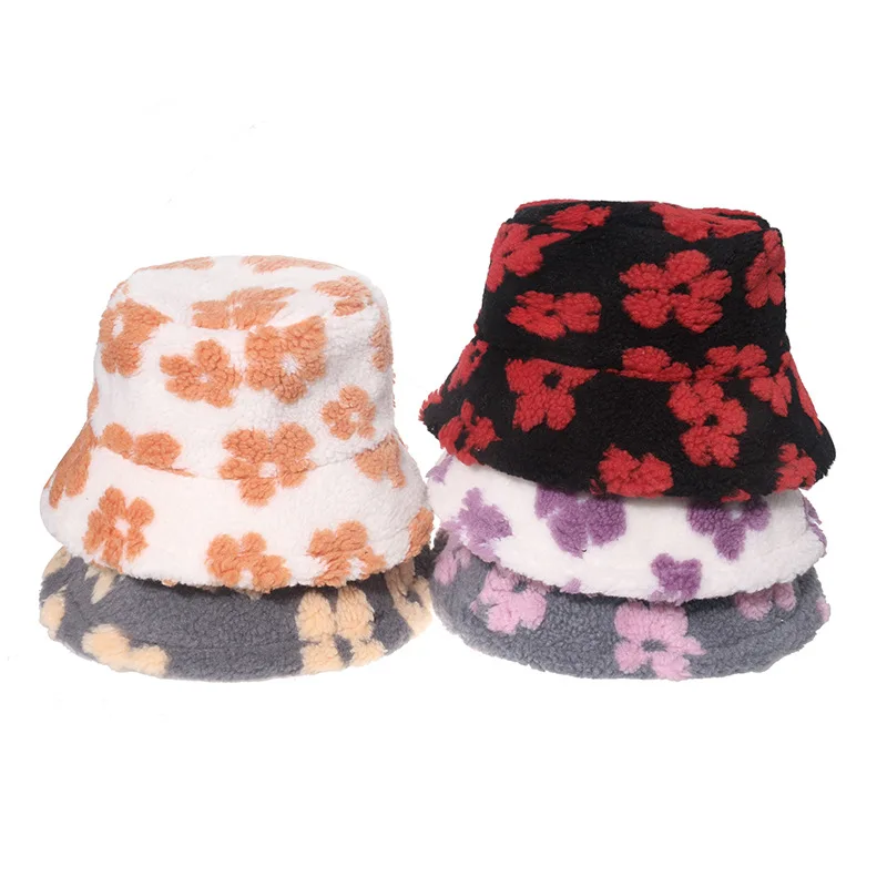 Hot Sale Floral Pattern Panama Bucket Hat Women Plush Lamb Velvet Warm Fisherman Hats High Quality Lamb Wool Bucket Hats