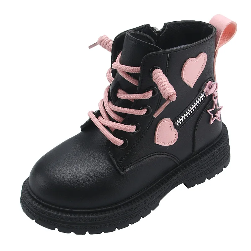Children Heart Print  Shoes Autumn and Winter New Girls Soft Sole Versatile High Sleeve Martin Boots Little Princess Style Shoes