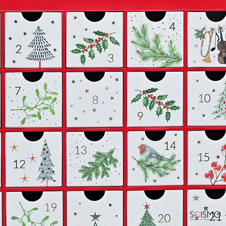 Custom cube shaped  24 Days Of Empty Cookie Christmas Tree Cardboard With Drawer Advent Calendar Gift Packaging Box For Sale