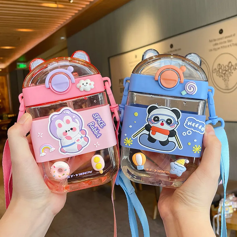 470ml  Kawaii bear  Panda Water Bottle With Straw Strap For Kids Girls Cute Plastic Coffee Milk Portable Drinking Bottle