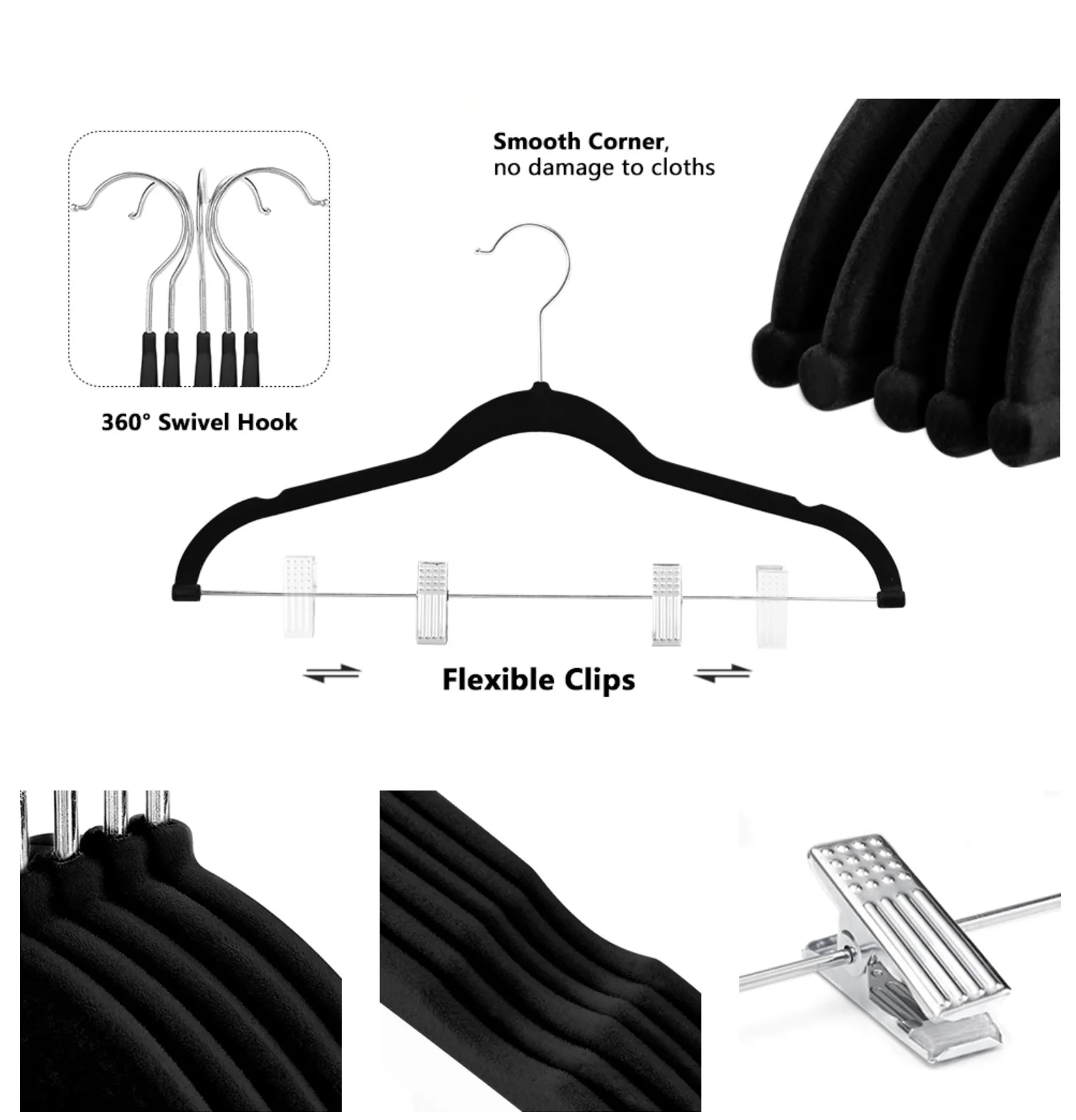 Wholesale Custom Silvery Hook 16.7inch Non Slip Black Grey Velvet Coat Hangers With Adjustable Metal Clips for pants clothes