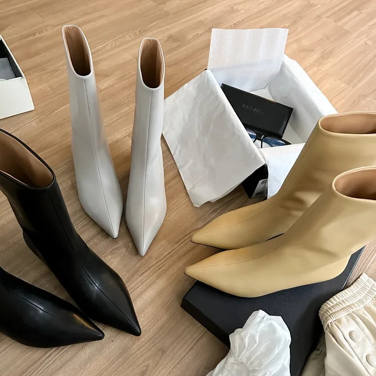 Xinzirain Wholesale Ladies Point Toe Winter Leather Real Leather 4.5cm Low Heel Women Mid Calf Boots