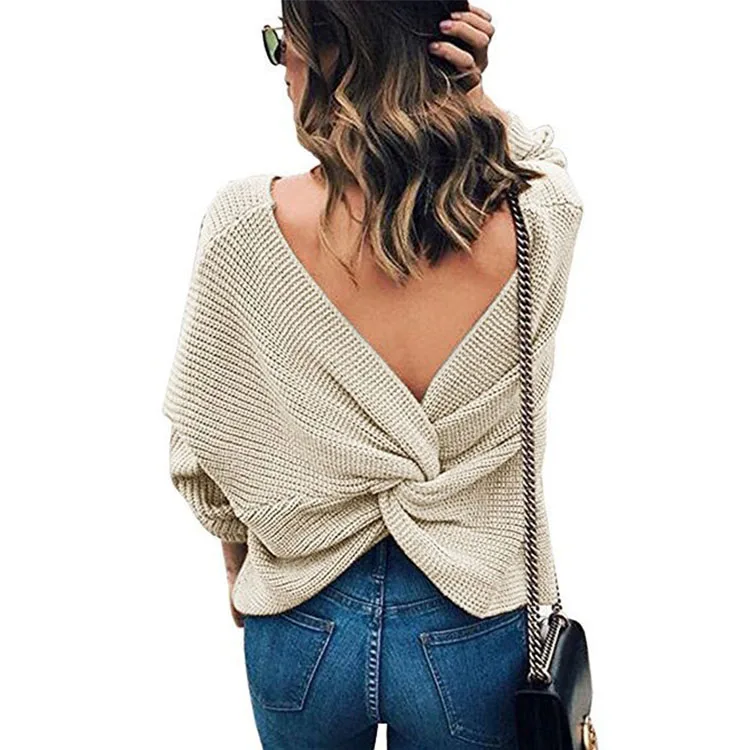 
Sexy fall V-neck back cross lacing hollowed-out long sleeve knitwear crew neck pullover head back open cross sweater for women 
