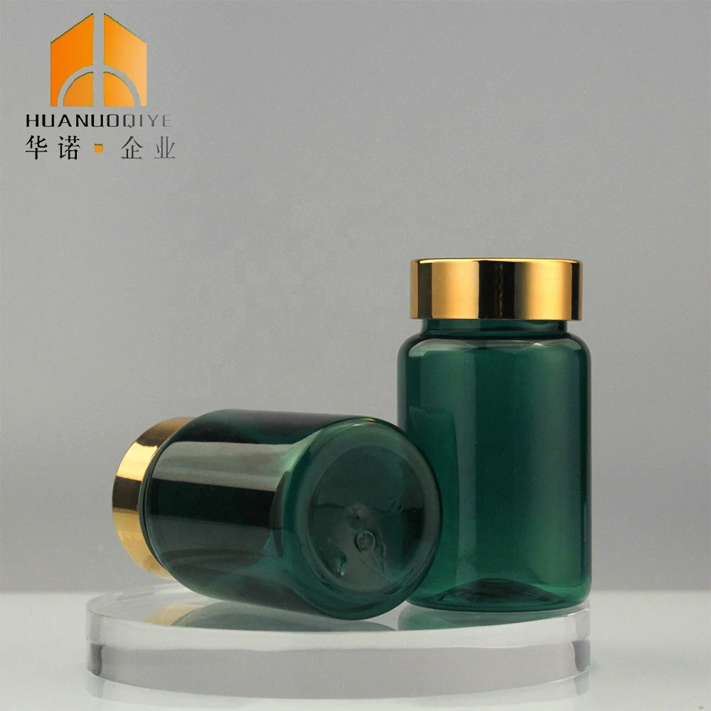 Large Size 100ml Thick Matte Green Color Medicine Pill Vitamin Protein Powder Plastic Bottles Containers with Gold Lid