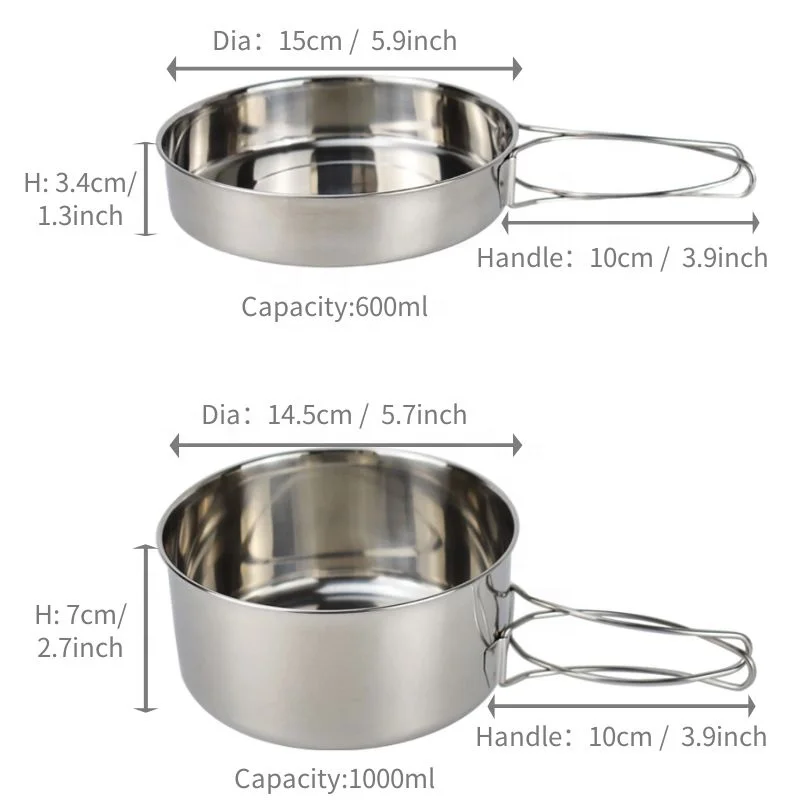 Hiking Camping Mess Kit Cookware set Stainless Steel Camping Pot Fly Pan with Folding Handle