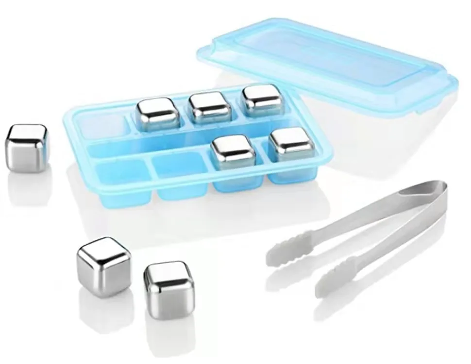 Promotional Gift Set Stainless Steel Reusable Ice Cubes with Barman Tongs and Freezer Tray Electroplated Rose Gold Ice Cube