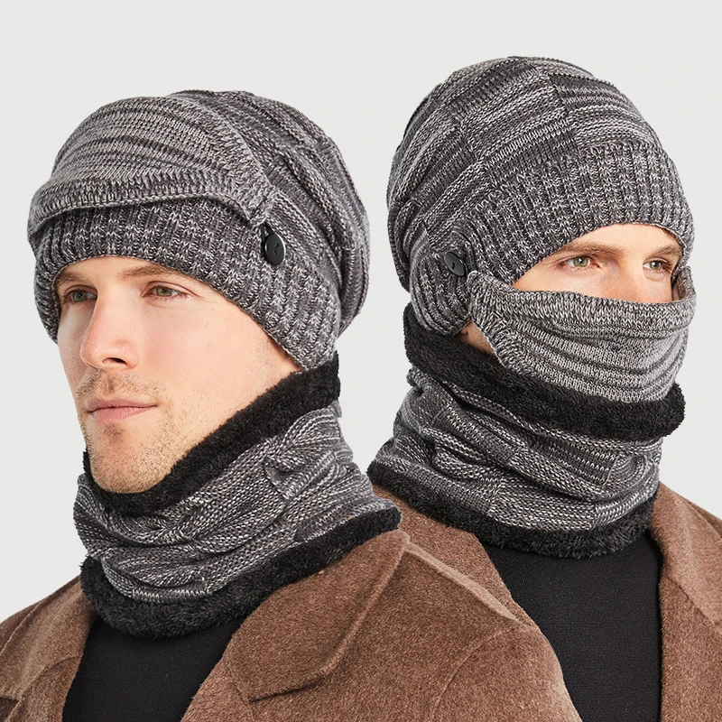 Wholesale men 3 pieces beanie hat scarf knitted mask sets adult warm winter knitted hat beanie scarf set for men