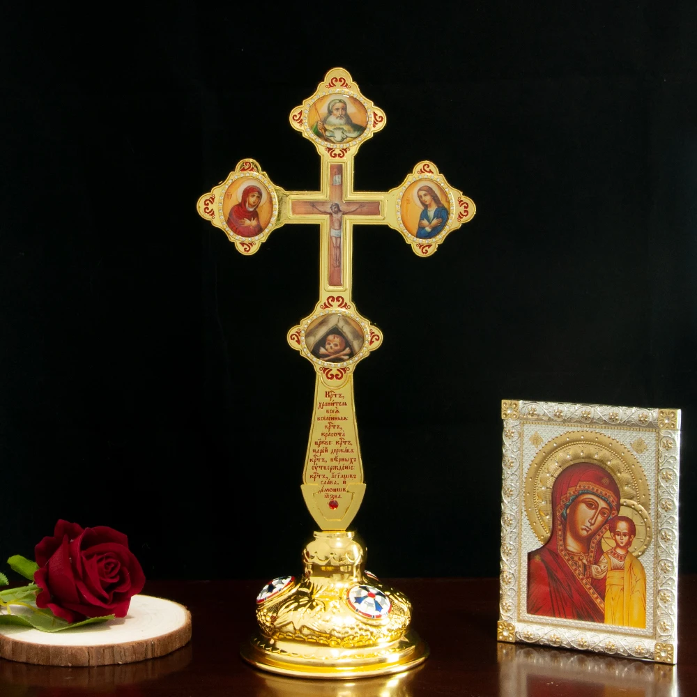 HT New Orthodox Jesus Crucifix With Mary Religion Character Icon Color Enamel Decor Bishop Prayer Handheld Cross Altar Cross