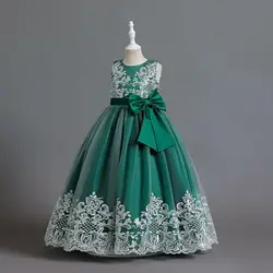 Elegant Cute Kids Dress Mesh Lace Embroidery Performance Princess Dress Bow Wedding Flower Girl Tulle Party Dress Girls