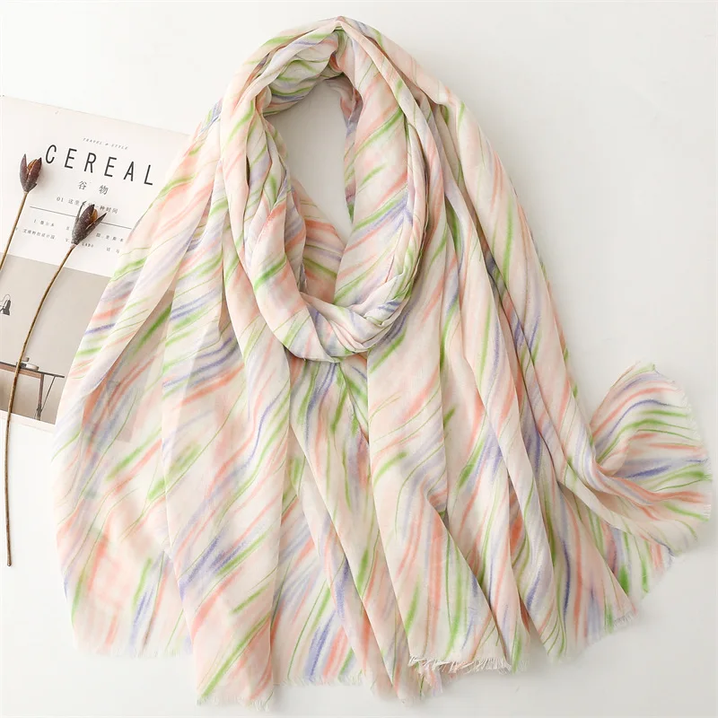 Spring Summer Bright Colors Soft Viscose Printed Shawls 180*90CM Muslim Women Vertical Striped Scarf Hijab Fashion Arabic Scarfs