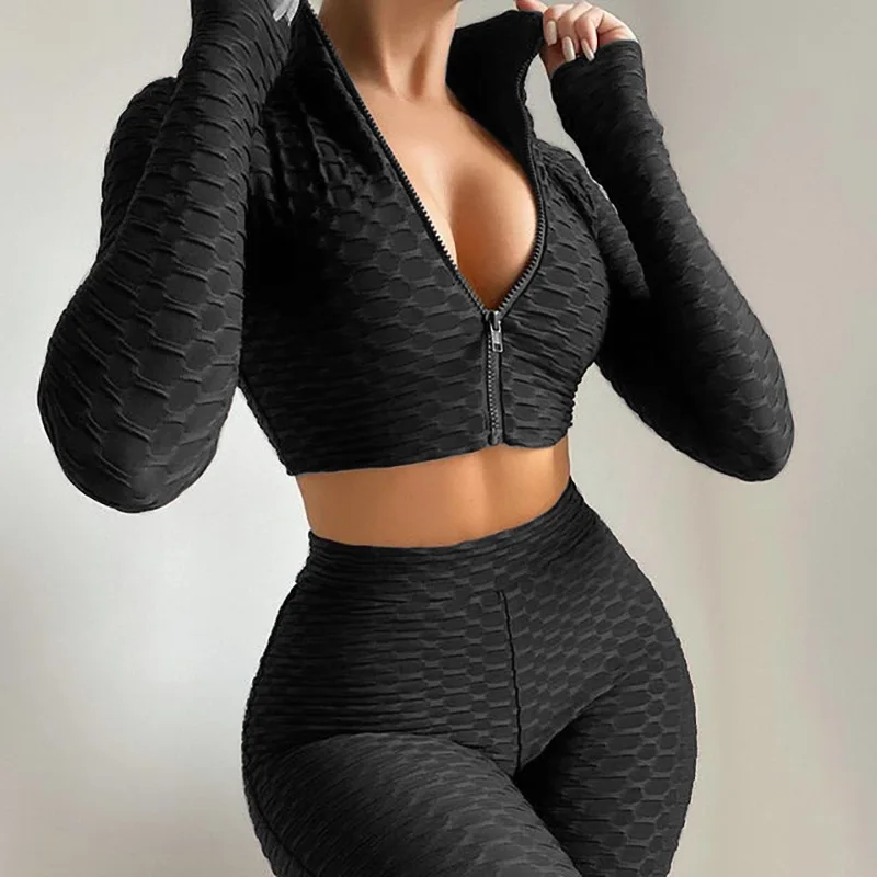 Stand Collar Crop Top Zip 2 Piece Set Breathable Push Up Women Sportswear Active Fitness Suit Yoga Set
