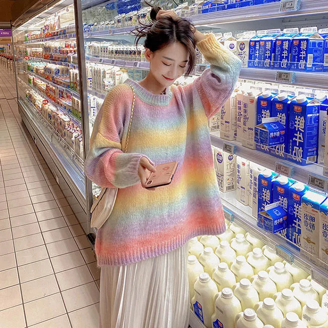 Japan Fashion Knit Sweater Rainbow stripe Pullover Loose Cocoon Lazy Style Knit Top