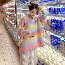 Japan Fashion Knit Sweater Rainbow stripe Pullover Loose Cocoon Lazy Style Knit Top