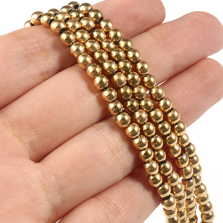 DIY Jewelry Accessories 4MM Real Gold Plated Round Hematite Stone Beads for Bracelet Making
