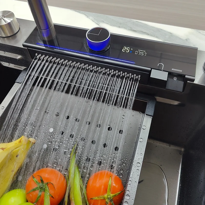 Многофункциональная кухонная раковина из нержавеющей стали, выдвижной кран «Водопад» 30 дюймов, черная нано-миска, цифровой дисплей