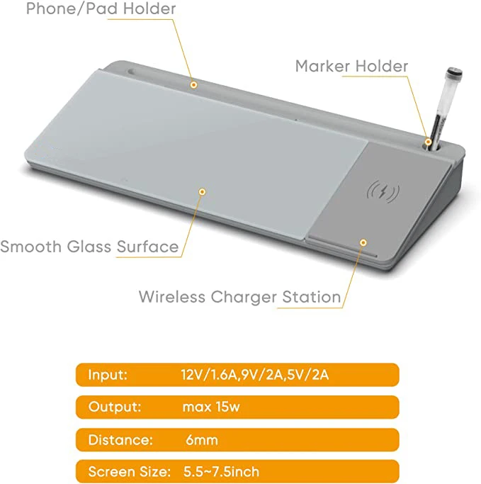 Desktop Glass Whiteboard with Wireless Charger  Dry Erase Computer Pad Keyboard Stand with Organizer