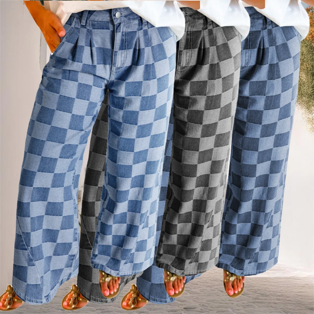 2024 New Wholesale Ladies black Blue Plaid Denim checkered loose denim wide leg jeans for women