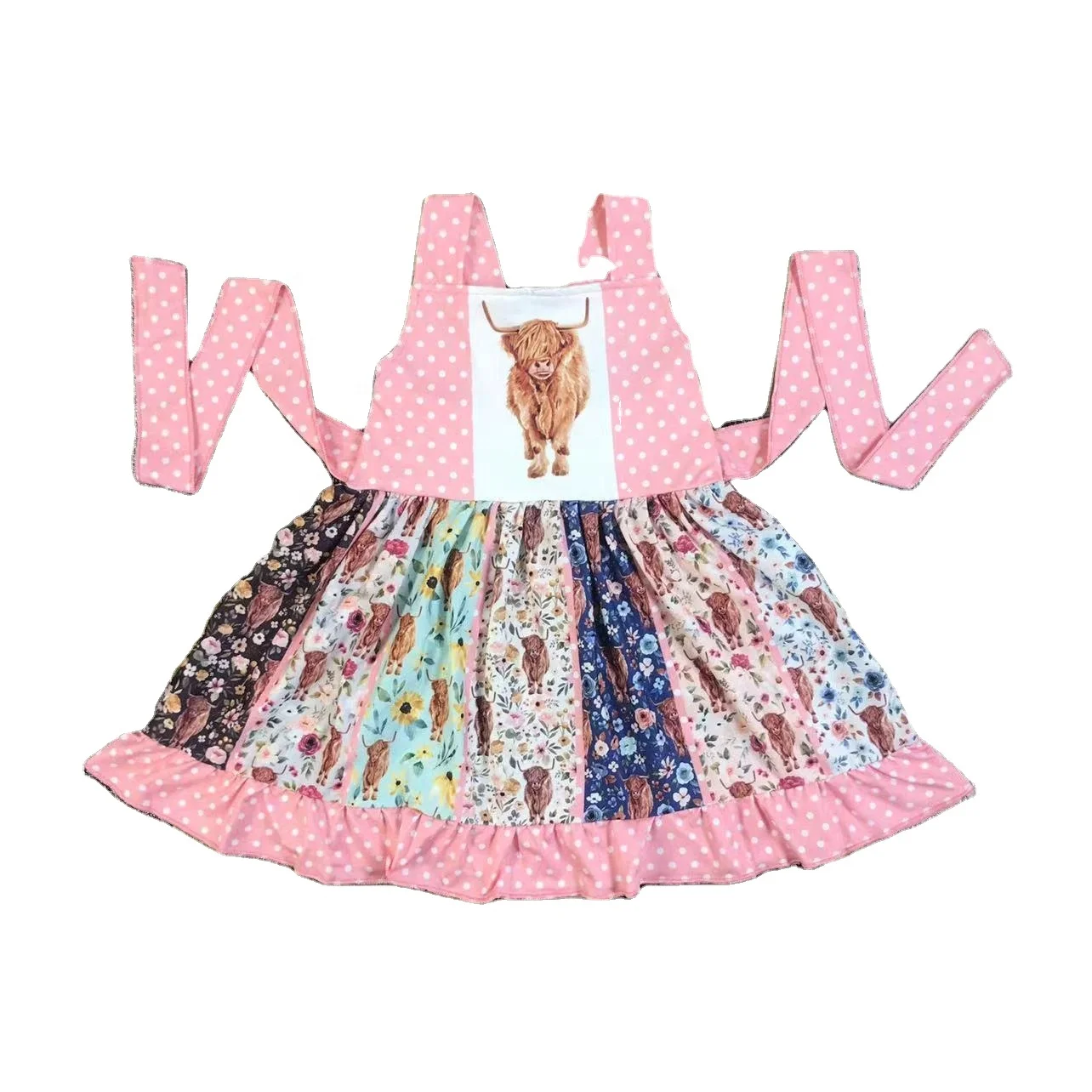 New style of kids clothes Bull Head flower pink polka dot patchwork suspenders belt lace Big skirt skirt lace fashion dres