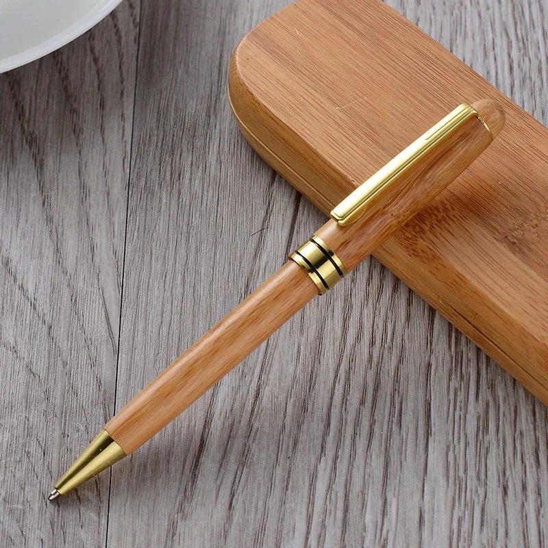 Creative Bamboo Pen Box with Laser Logo Vintage Business Gift Ballpoint Pen Set 0.5 mm Writing Width Wooden Maple Gift Box