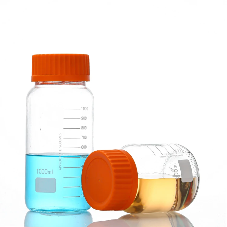 Mass Stocked Clear 500mL Graduated Round Media Storage Glass Bottle With GL45 Blue Polypropylene Screw Cap