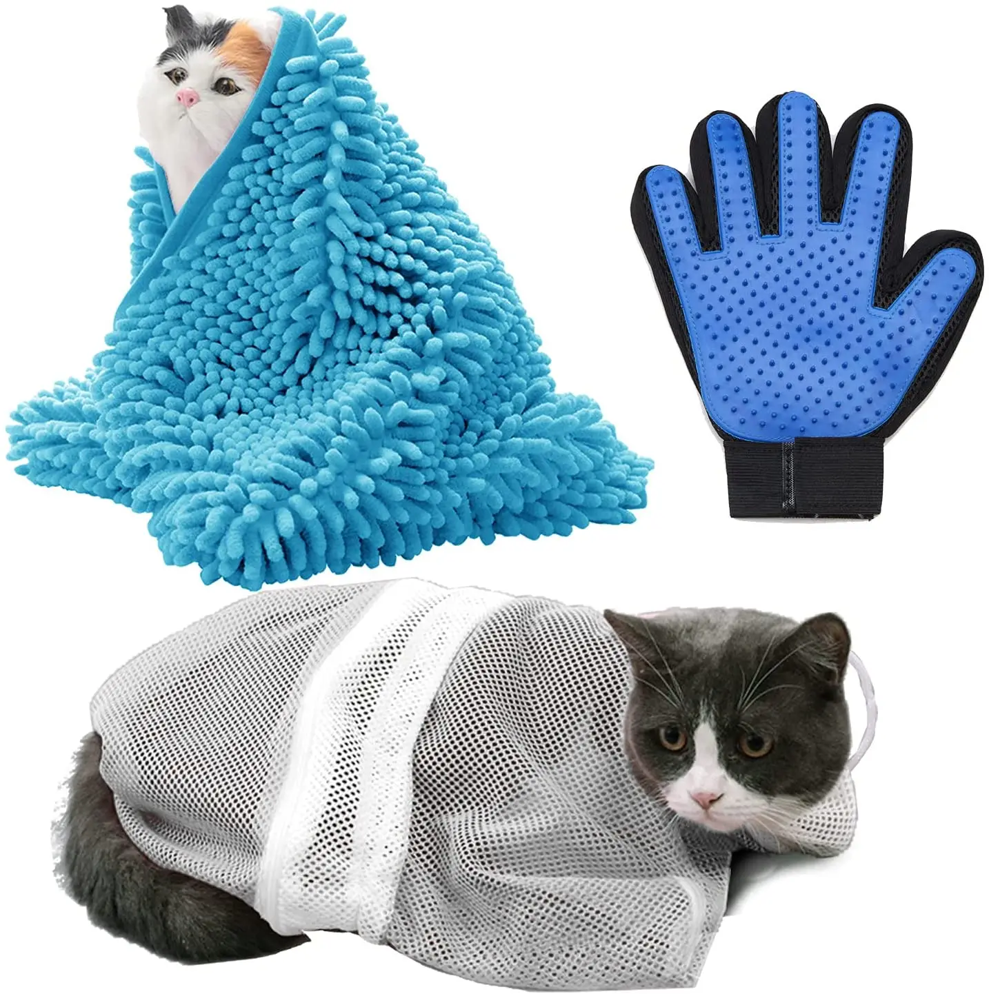 Cat Shower Set- Multifunctional Adjustable Cat Bathing Bag Absorbent Quick Dry Towels Pet Grooming Gloves
