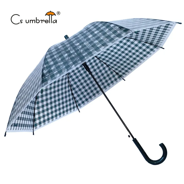 YS-1160 Hot Sale Cheap Clear Transparent Plastic J Handle Auto Open Umbrella Plaid Check Custom Printing POE Umbrella
