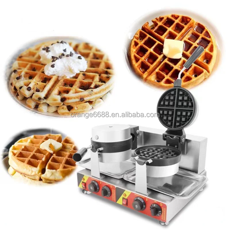 220V 180 Rotary New Commercial Bakery Machine Belgium Waffle Maker Double Plate Round Waffle Machine With