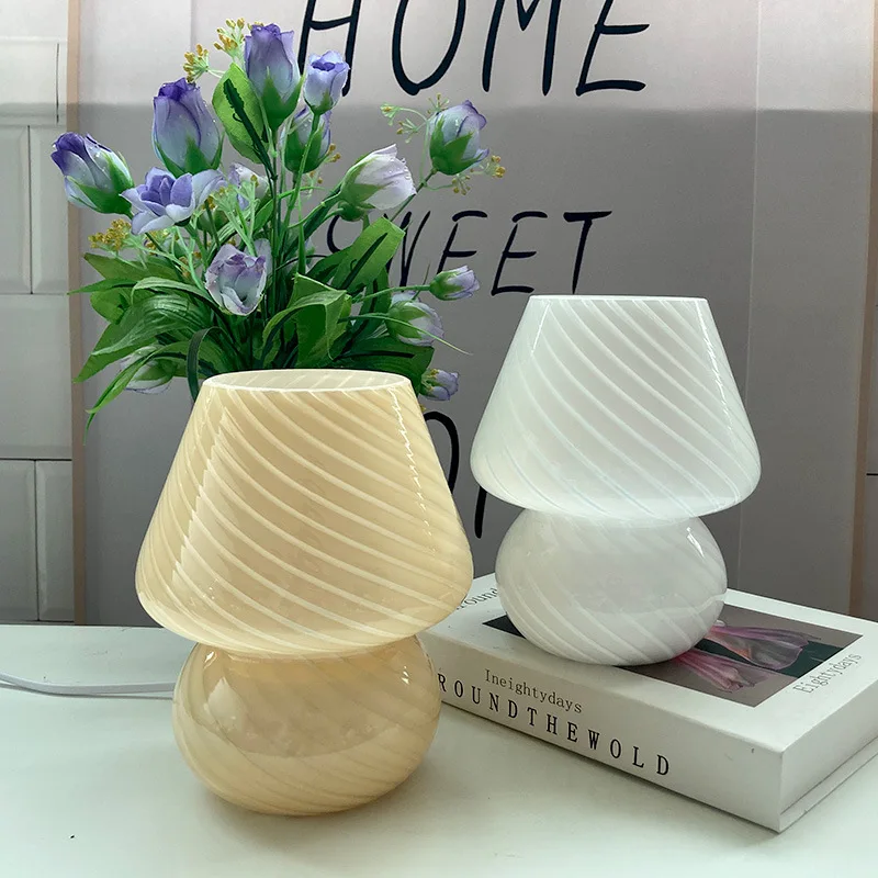 Ins Style Striped Mushroom Table Lamp, 7.48 Inches Murano Style Striped Glass Lamp, Study, Bedside Living Room.