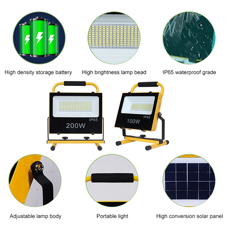 Super Bright Outdoor Camping Portable Waterproof Ip65 Aluminum Flood Light 100watt 200watt Rechargeable Solar Led Floodlight